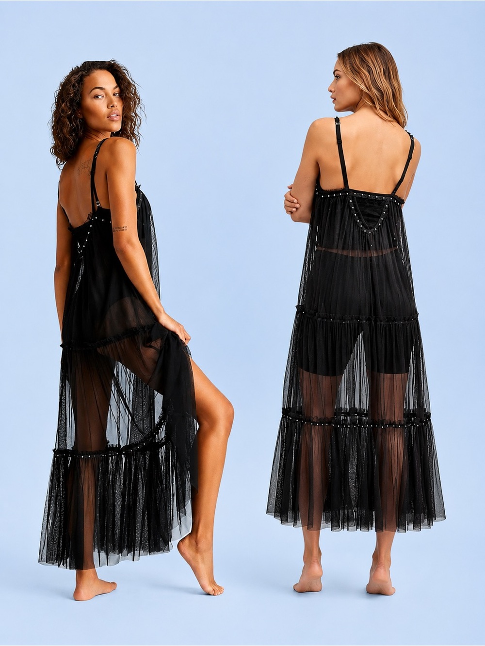 NWOT Free People Studded Mesh Trapeze Maxi Slip Dress Black - Size S (fits S-M)
